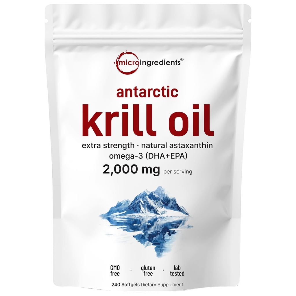 Micro Ingredients Antarctic Krill Oil Supplement, 2.000mg Per Serving, 240 Softgels, Triple Strength, Rich in Omega- 3s EPA, DHA & Natural Astaxanthin, Understøtter immunsystemet & Brain Health