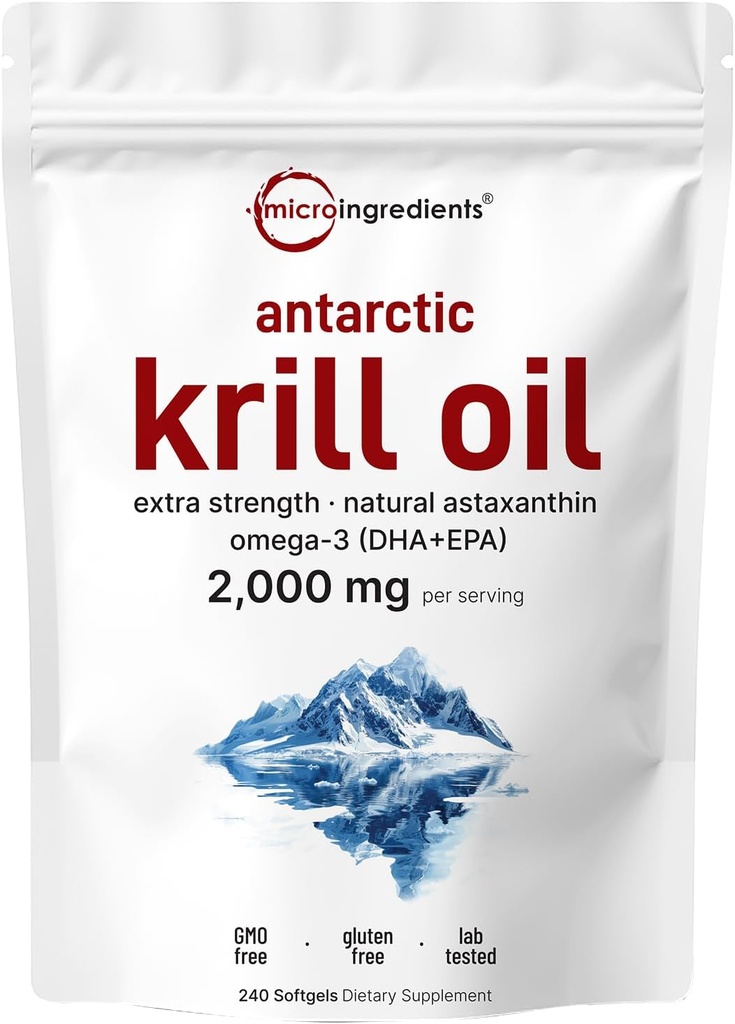 Micro Ingredients Antarctic Krill Oil Supplement, 2.000mg Per Serving, 240 Softgels, Triple Strength, Rich in Omega- 3s EPA, DHA & Natural Astaxanthin, Understøtter immunsystemet & Brain Health