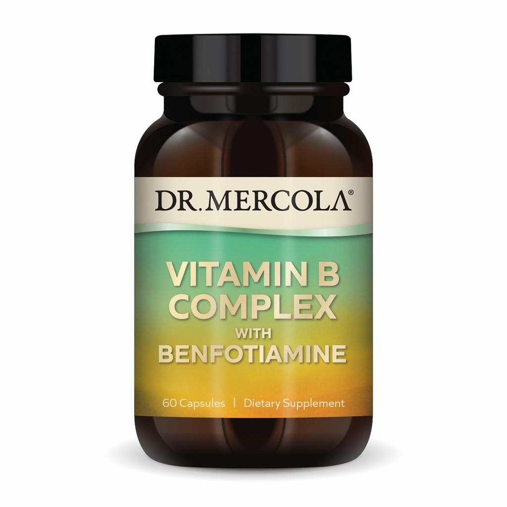 Dr. Mercola Vitamin B Kompleks med Benfotiamin - Understøtter cellular, hjerne og immunforsvar - Non-GMO, Gluten- Free & Soy- Free - 60 kapsler (30 Servere)