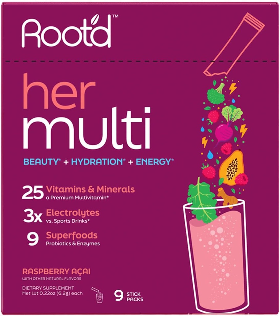 Root 'd Multivitamin Powder til kvinder - 25 vitaminer og mineraler med 3X Electrolytes, 9 Organic Superfoods, Probiotika & enzymer, Sugar- Free Multivitamin & Hydration