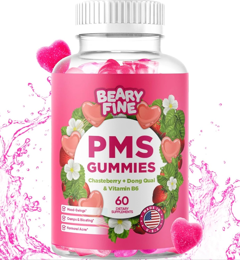 PMS Gummies - PMS Vitaminer til kvinder og piger - PMS Periode Relief - Kramning, Bloating, Mood Swings - Lavet i USA (Jordbær, 60 Greve)