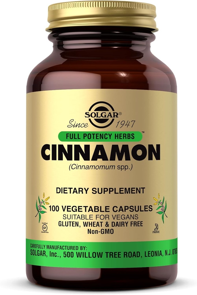 Solgar Cinnamon - 100 Vegetabilske kapsler - Fuld potens (FP) - non-GMO, Vegan, Gluten Free, Dairy Free, Kosher - 100 Servere