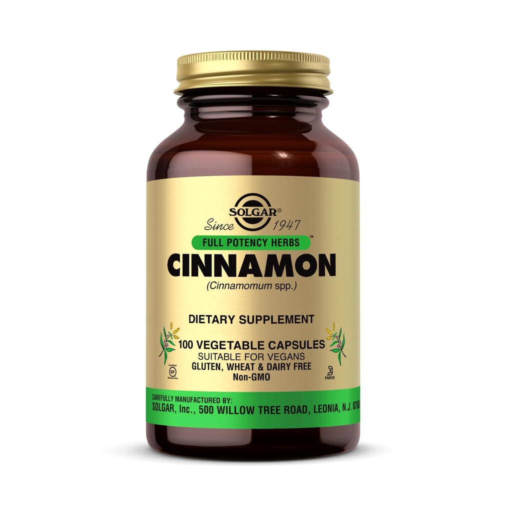 Solgar Cinnamon - 100 Vegetabilske kapsler - Fuld potens (FP) - non-GMO, Vegan, Gluten Free, Dairy Free, Kosher - 100 Servere