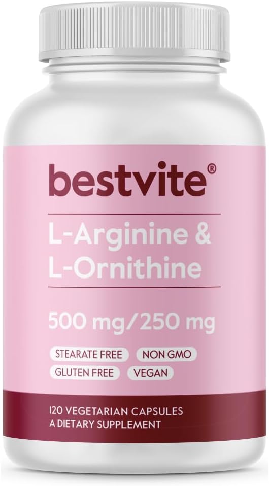BESTVITE L- Arginin L- Ornithin 500- 250 (120 vegetariske kapsler) - Ingen Stearates - Ingen Fillers - Vegan - Ikke GMO - Gluten Free - Ingen Calcium Silicat