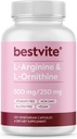 BESTVITE L-Arginine L-Ornithine 500-250 (120 Vegetarian Capsules) - No Stearates - No Fillers - Vegan - Non GMO - Gluten Free - No Calcium Silicate