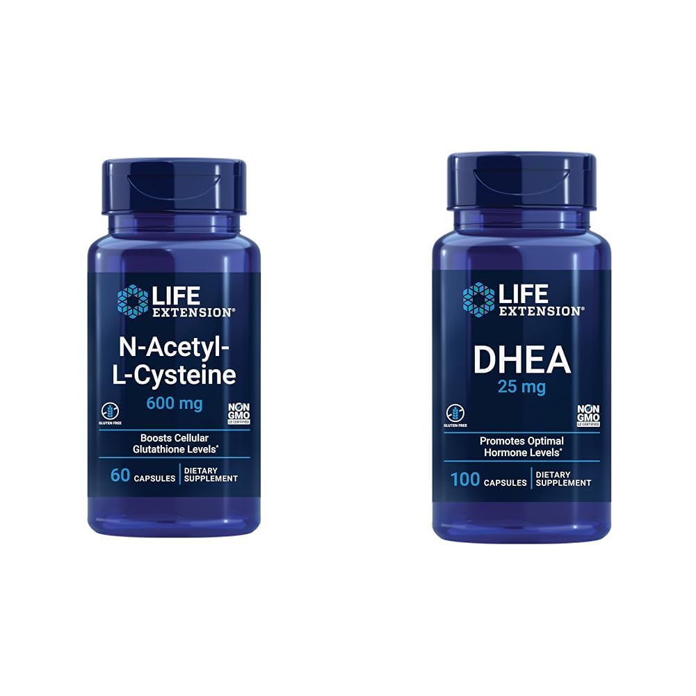 Life Extension N- Acetyl- L- Cystein (NAC), Immunation, Respiratory & DHEA 25 mg - Supplement for Hormone Balance, Immunstøtte, Seksuel Sundhed, Knogler & Kardiovaskulære Sundhed
