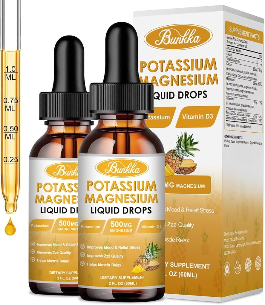 (2 Pack) Kalium Magnesium supplement, Magnesium kalium tillæg med calcium, vitamin D3, zink, sukker fri & Vegansk flydende dråber Supplement for ben kramper, energi, for voksne og børn