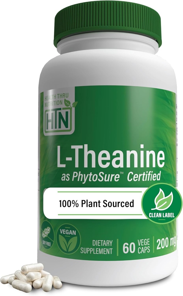 Health Thru Nutrition L- Theanine 200mg 60 Vegecaps PhytoSure Certified Memory 124; Understøtter sund afslapning & Focus Memory 124; 3. part Testet Memory 124; Clean Label, Non- GMO, Gluten & Soy Free, Hypoallergen