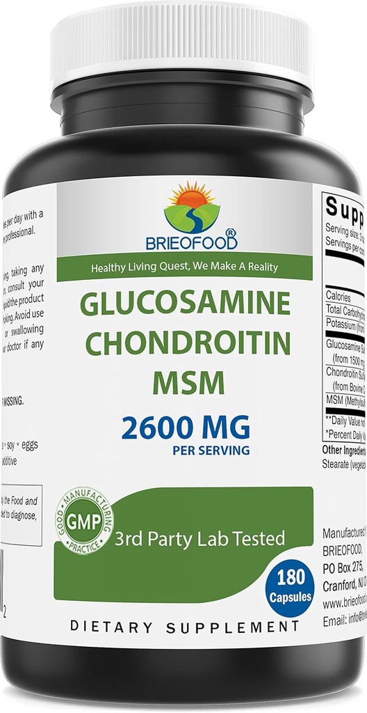Brieofood Triple Strength Glucosamine Chondroitin MSM 2600mg / Servering Kapsler, Understøtter sund fælles, Cartiage og Connective Tissue - fremmer fælles komfort og fleksibilitet 180 Greve