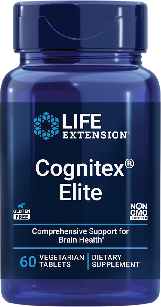 Life Extension Cognac ® Elite, sage, Blåbær, ashwagandha, phosphatidylserin, vinpocetine, Opmærksomhed, Focus, Mood & Memory, Gluten- Free, Non- GMO, Vegetar, 60 tabletter