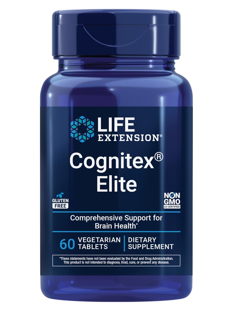 Life Extension Cognac ® Elite, sage, Blåbær, ashwagandha, phosphatidylserin, vinpocetine, Opmærksomhed, Focus, Mood & Memory, Gluten- Free, Non- GMO, Vegetar, 60 tabletter