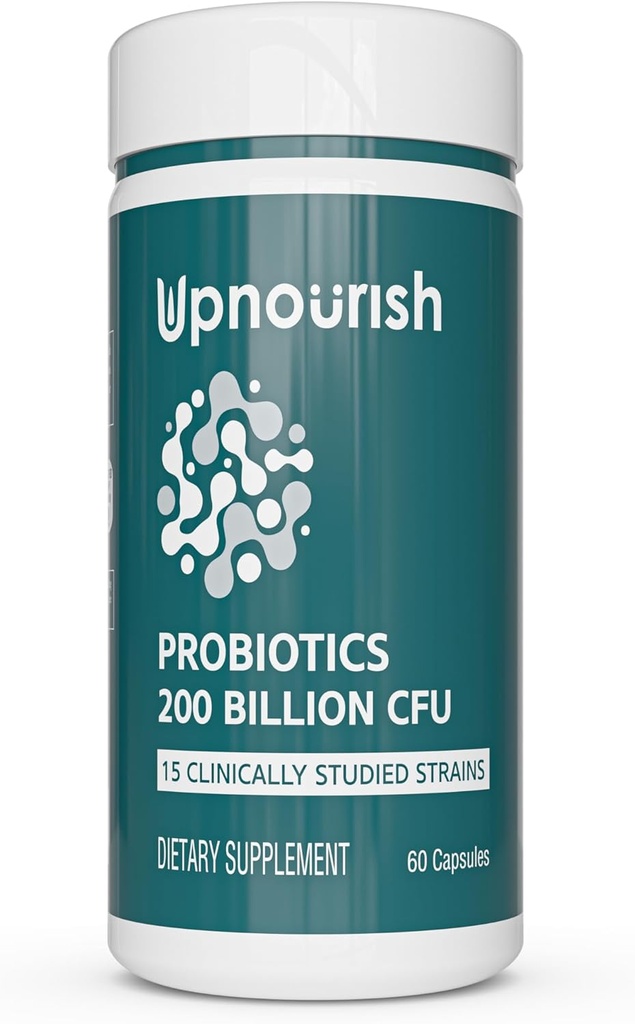 UpNourish Probiotika - 200 Millioner CFU 'er til mænd og kvinder, 15 Klinisk Studerede Strops, Prebiotika & Enzymes - 60 Veganske Kapsler