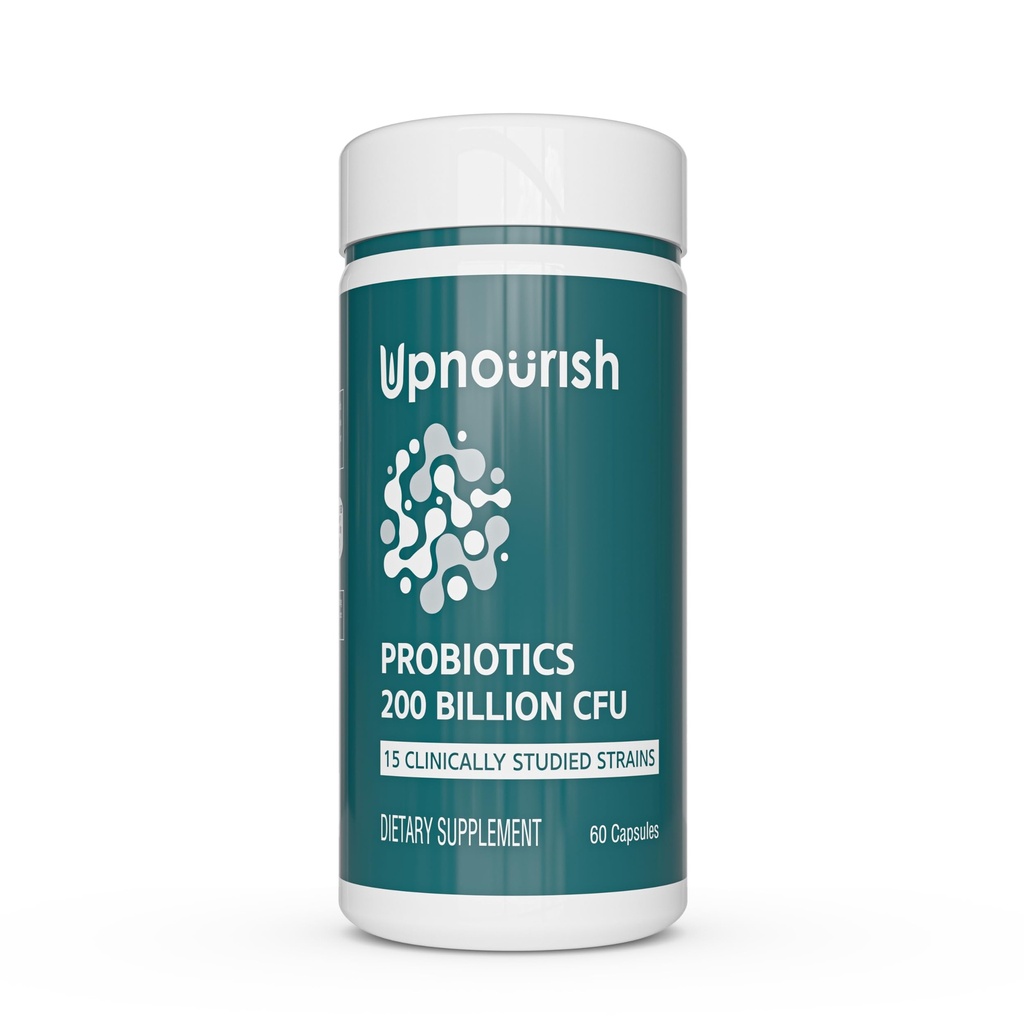 UpNourish Probiotika - 200 Millioner CFU 'er til mænd og kvinder, 15 Klinisk Studerede Strops, Prebiotika & Enzymes - 60 Veganske Kapsler