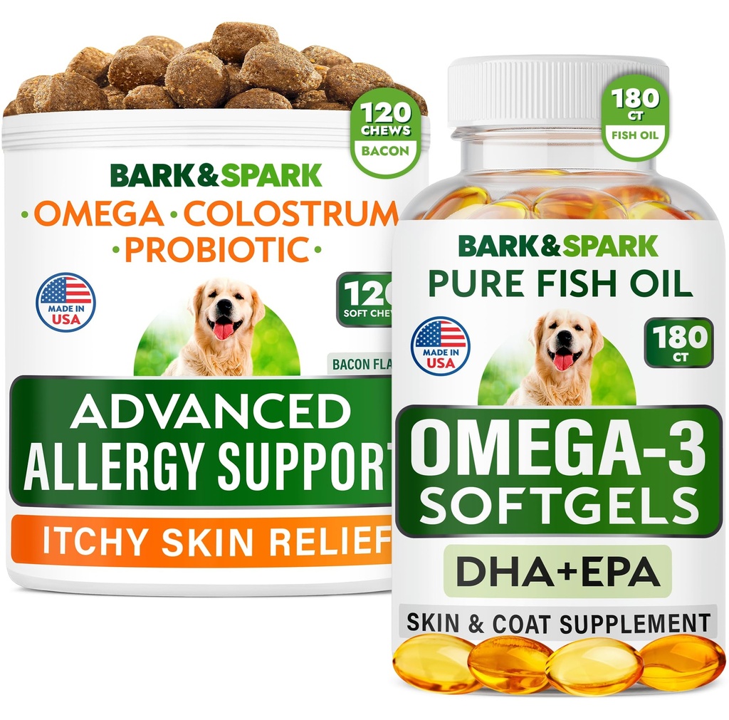 Avanceret hundeallergi + Omega 3 Bundle - Itch Relief - Probiotika w / Fish Oil Omega 3 + EPA & DHA Fedtsyre - Hud Allergier + fælles sundhed - 120 Chews + 180 Softgels - Bacon + Fish Flavor - Made in USA
