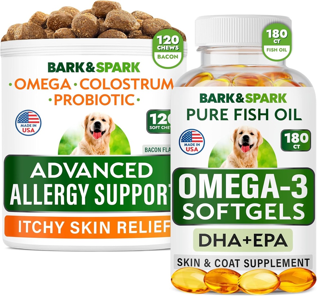 Avanceret hundeallergi + Omega 3 Bundle - Itch Relief - Probiotika w / Fish Oil Omega 3 + EPA & DHA Fedtsyre - Hud Allergier + fælles sundhed - 120 Chews + 180 Softgels - Bacon + Fish Flavor - Made in USA