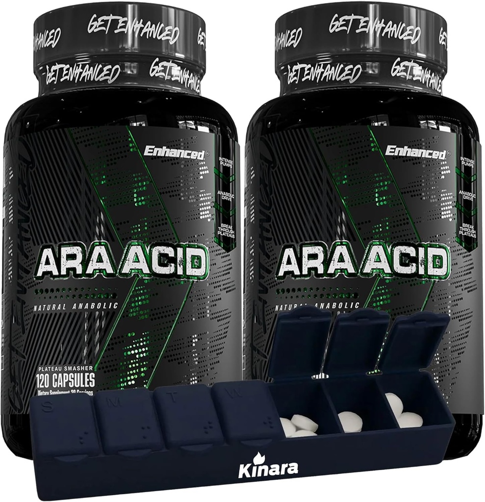 Forstærket atlete - arachidonsyre supplement - muskel og styrke supplement til øget muskelmasse & forbedret inddrivelse for mænd og kvinder (120 kapsler) - 2 pakke med Kinara Pill Organizer
