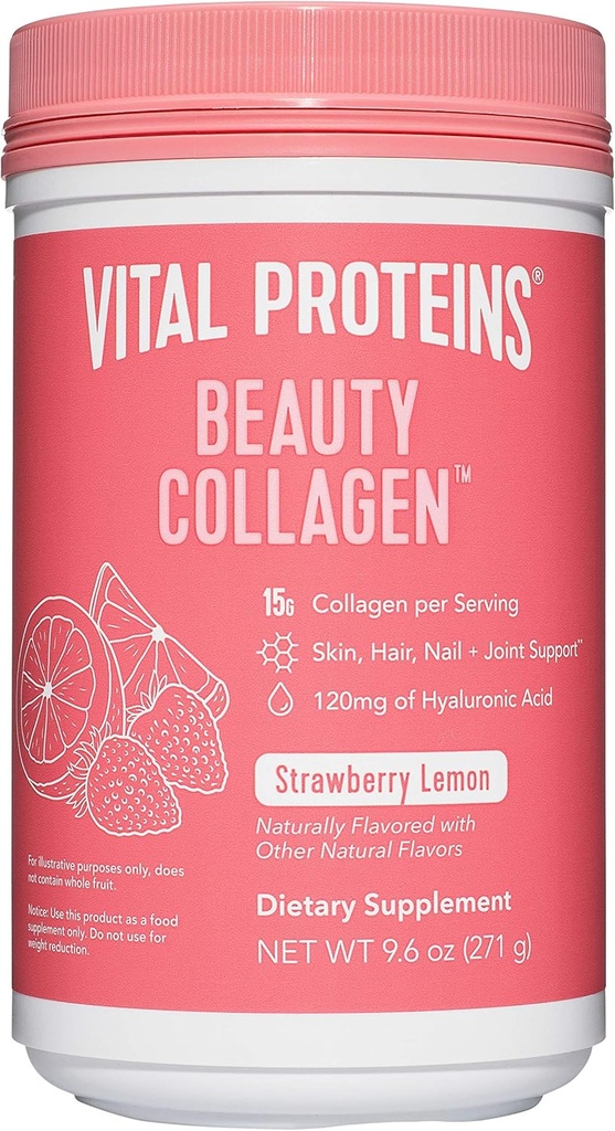 Vital Proteins Beauty Collagen (Strawberry Lemon, Canister) - 120 mg Hyaluronsyre og 15 g Collagen Per Serving