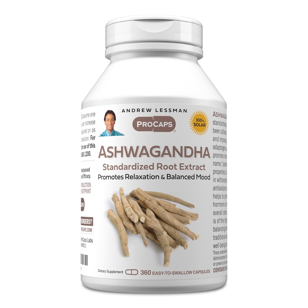 ANDREW LESSMAN Ashwagandha 360 Kapsler - Standardiseret Ashwagandha Extract. Fremmer afslapning, positiv mood, overordnet velvære og vitalitet. Lille let at synke kapsler