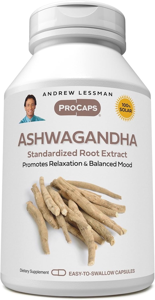ANDREW LESSMAN Ashwagandha 360 Kapsler - Standardiseret Ashwagandha Extract. Fremmer afslapning, positiv mood, overordnet velvære og vitalitet. Lille let at synke kapsler