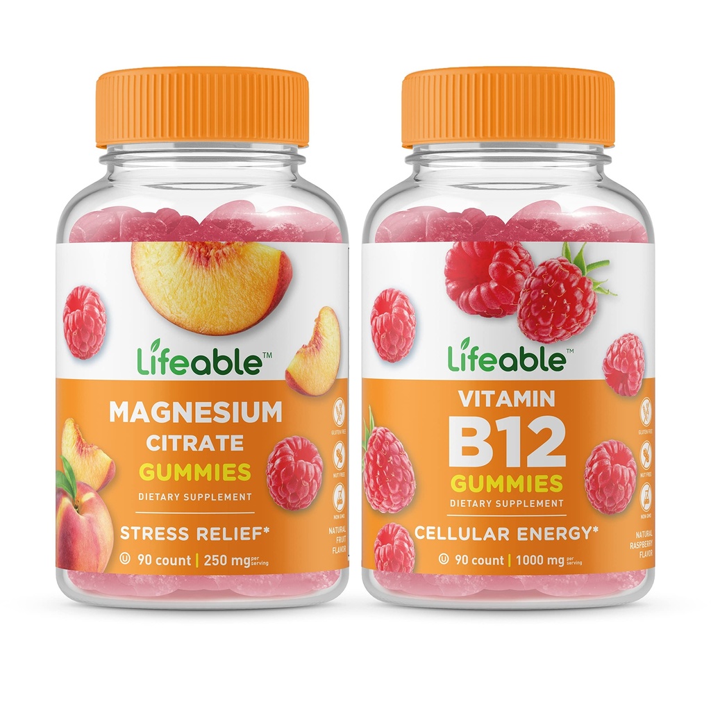 Lifeable Magnesium 85mg + vitamin B12, Gummies Bundle - Great Tasting, Vitamin Supplement, Gluten fri, GMO fri, Chewable Gummy