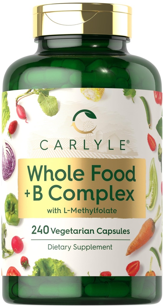 Carlyle Vitamin B Complex Whole Foods Blend Blend 124; 240 Kapselkapsler 124; Daglig Multivitamin for mænd og kvinder B124; med B1, B2, B6, B12, Folate, Niacin, og L- Methylfolfolate