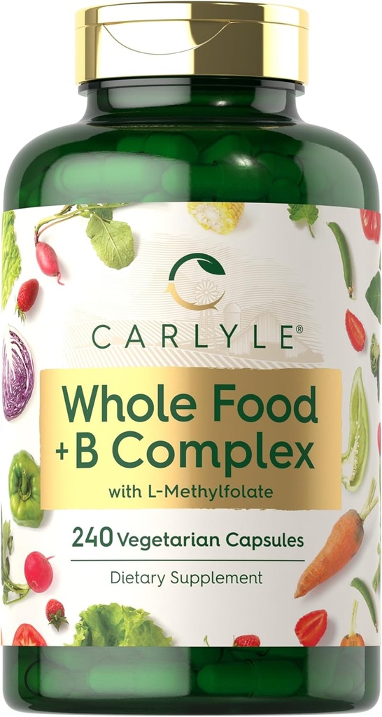 Carlyle Vitamin B Complex Whole Foods Blend Blend 124; 240 Kapselkapsler 124; Daglig Multivitamin for mænd og kvinder B124; med B1, B2, B6, B12, Folate, Niacin, og L- Methylfolfolate