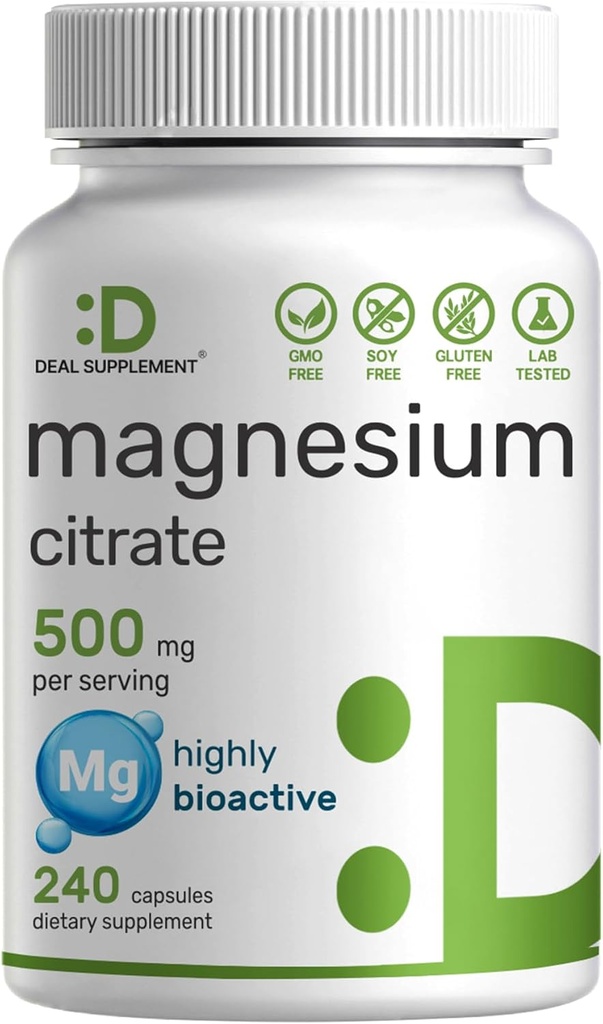 DEAL SUPPLEMENT Magnesium Citrate 500 mg, 240 Kapsler; Nemt Absorberet, Renset spor Mineral - Muskel, hjerte, & fordøjelsesstøtte - En om dagen, Non- GMO