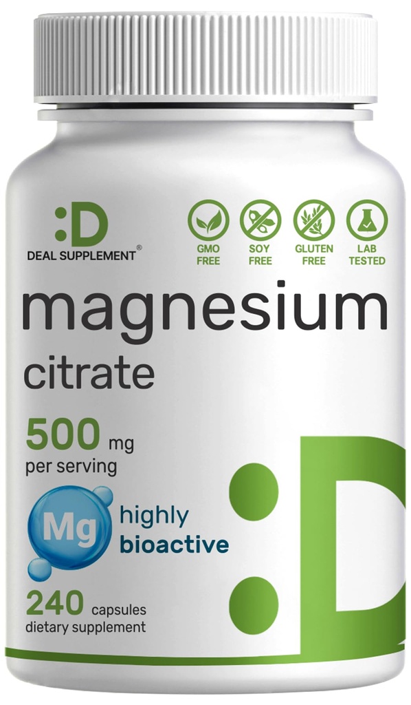 DEAL SUPPLEMENT Magnesium Citrate 500 mg, 240 Kapsler; Nemt Absorberet, Renset spor Mineral - Muskel, hjerte, & fordøjelsesstøtte - En om dagen, Non- GMO