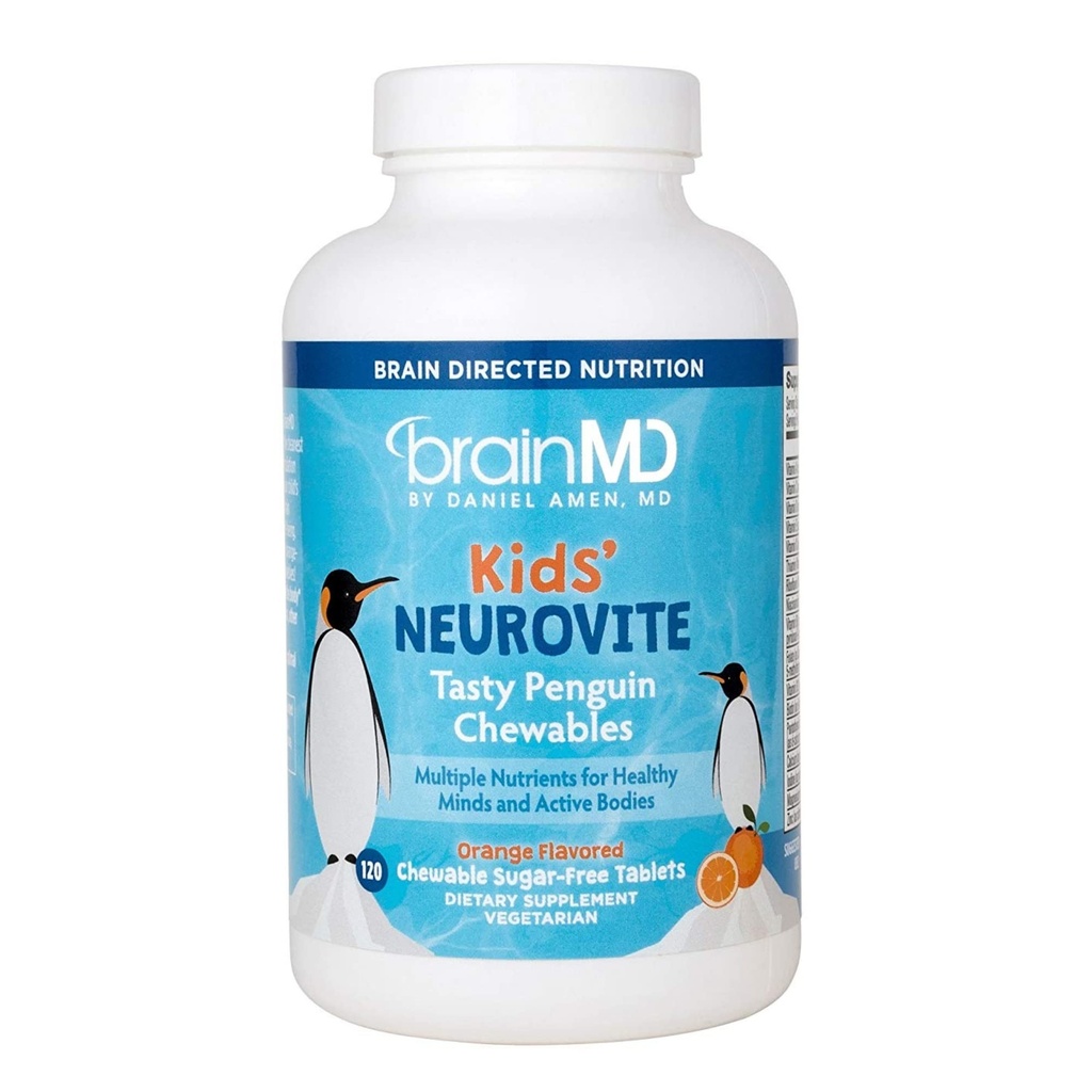 BrainMD Dr. Amen Kids 'NeuroVite, Orange Flavor - 120 Penguin-formede tyggebånd - Multivitamin & Mineral supplement - fremmer sund udvikling og vækst - Gluten Free - 60 Serveringer