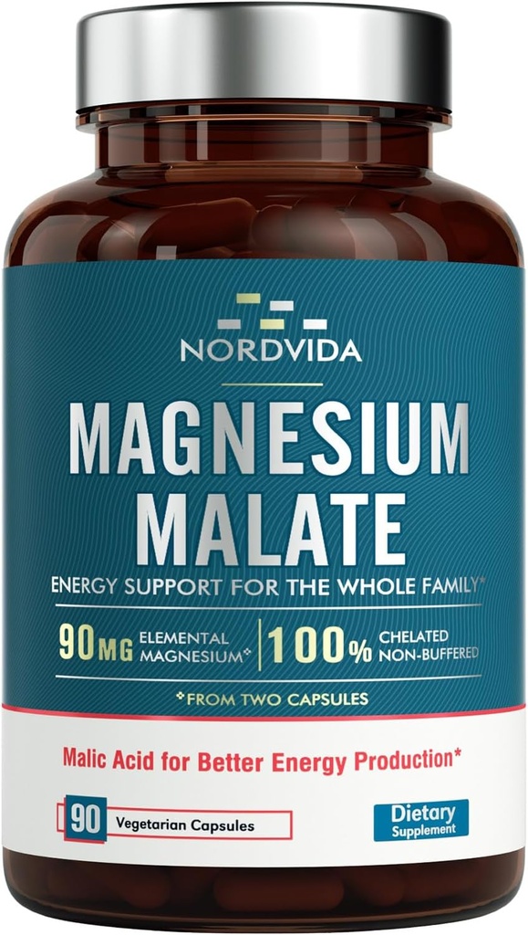 Magnesium Malat, 90 mg Elemental Magnesium, for både voksne & børn, Fuldt Chelated med Malic Acid, Support Energy Production & Muscle Health, Gut Friendly, Let at synke, 90 Tiny Caps
