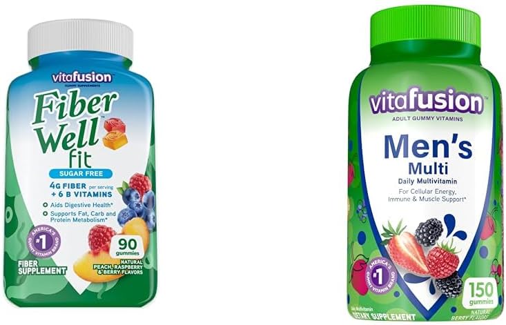 Vitafusion Fiber Well Fit Gummies Supplement, 90 Count (Packaging May Vary) & Adult Gummy Vitamins for Men, Berry Flavored Daily Multivitamins for Men with Vitamins A