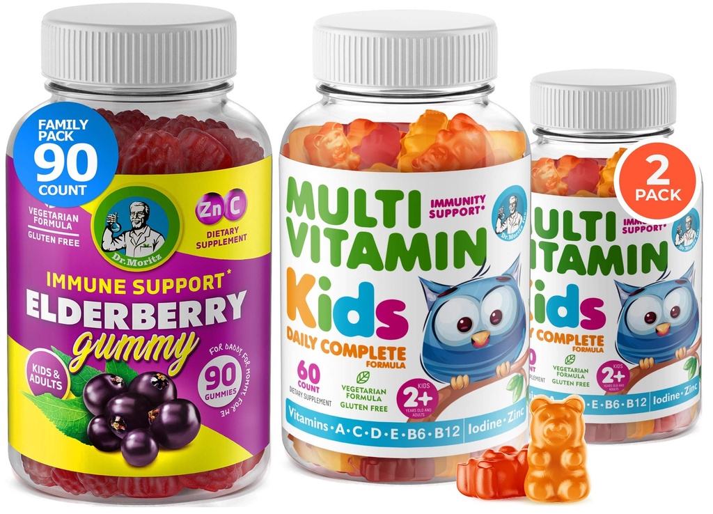 Kids Multivitamin Gummies 14 Essentielle Vitamin og Elderberry Gummies til børn og voksne Vitamin A, C, D, E Vegetar B6 & B12, Zink, Biotin Gummy Multivitaminer til børn + immunstøtte