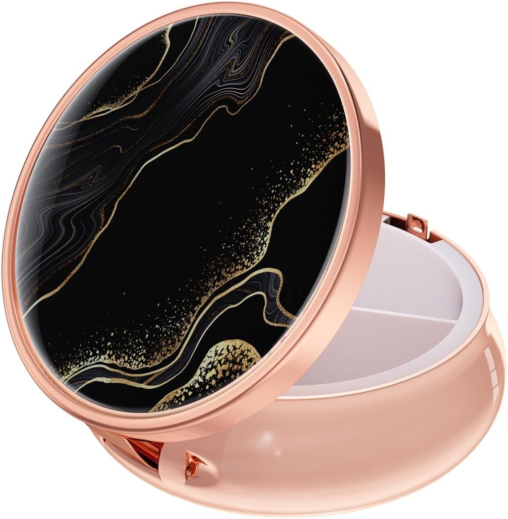 Rouidr Pill Box, 3 Segment Medicine Pill Case, Lille Metal Travel Medicine Box for purse & Pocket, Rose Gold, Luksus Black Marble