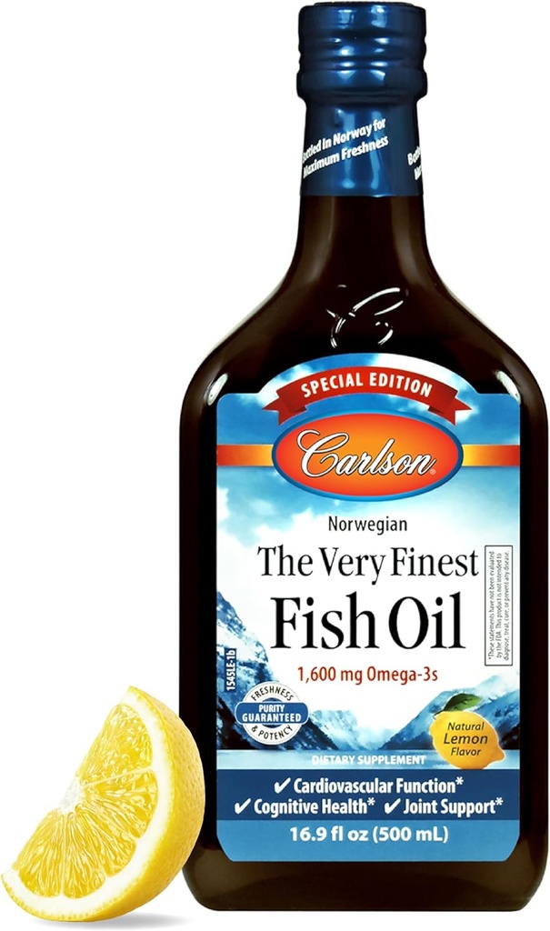 Carlson - Den meget fineste fiskeolie, Special Edition, 1600 mg Omega- 3s, flydende supplement, Norwegian Fish Oil, Wild- Fanget, Sustainable Sourced Liquid, Lemon, 500 ml (16,9 Fl Oz)