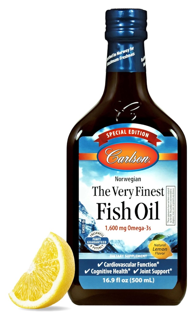 Carlson - Den meget fineste fiskeolie, Special Edition, 1600 mg Omega- 3s, flydende supplement, Norwegian Fish Oil, Wild- Fanget, Sustainable Sourced Liquid, Lemon, 500 ml (16,9 Fl Oz)
