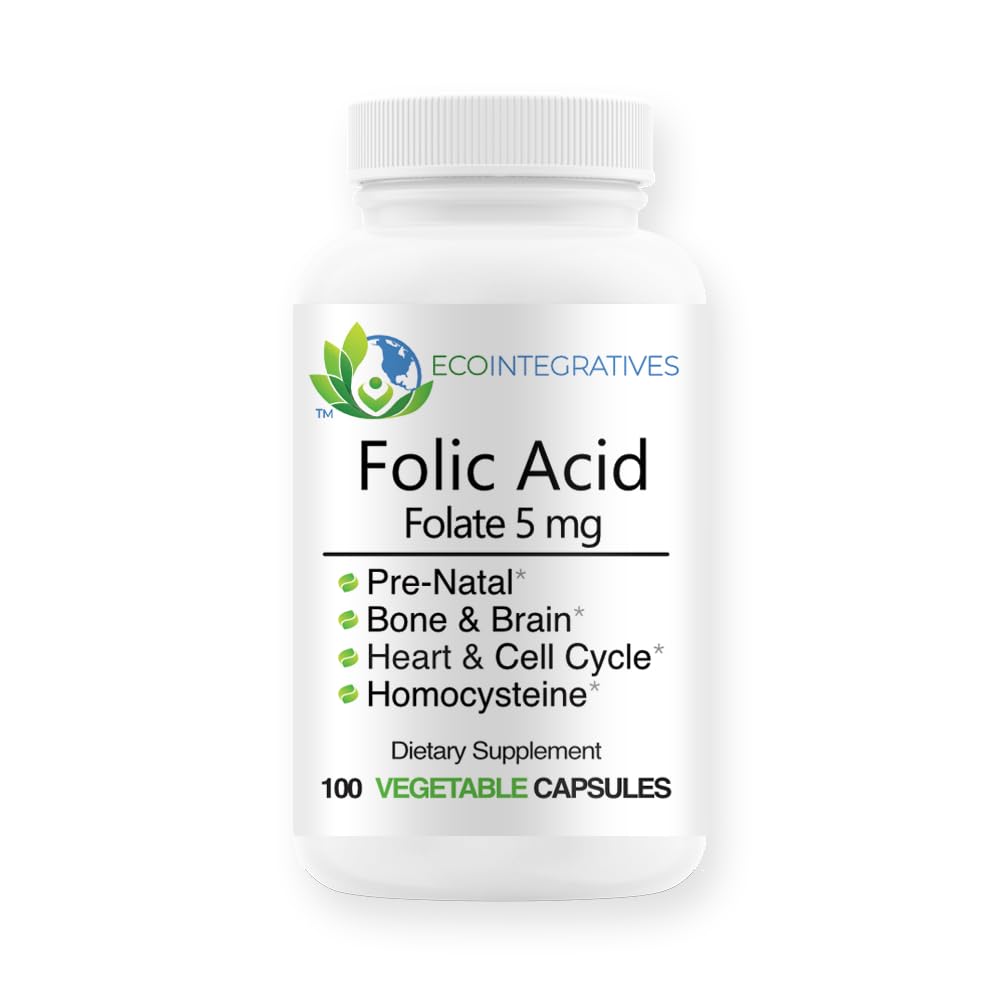 Folinsyre Folat 5mg (B9) Prenatal, reproduktiv sundhed, homocystein, Metabolisme, cardiovaskulær, Knogler, immunforsvar, Allergen Free, Non GMO - 100 Veganske kapsler