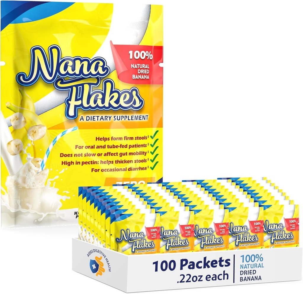 Nana flakes 100% Pure Banana flakes Medical Food Powder - Reducere fedt indtag & naturlige restey for Diarré & Heart Burn - Great Source of Protein & Fiber (100 Single-Serve Packs)