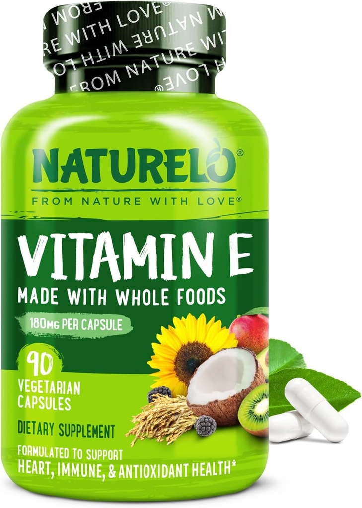 NATURELO E-vitamin - 180 mg (300 IE) af naturlige blandede tocopheroler fra økologiske hele fødevarer - supplement til sund hud, hår, negle, immunforsvar og øjensundhed - ikke-GMO, sojafri - 90 Vegankapsler