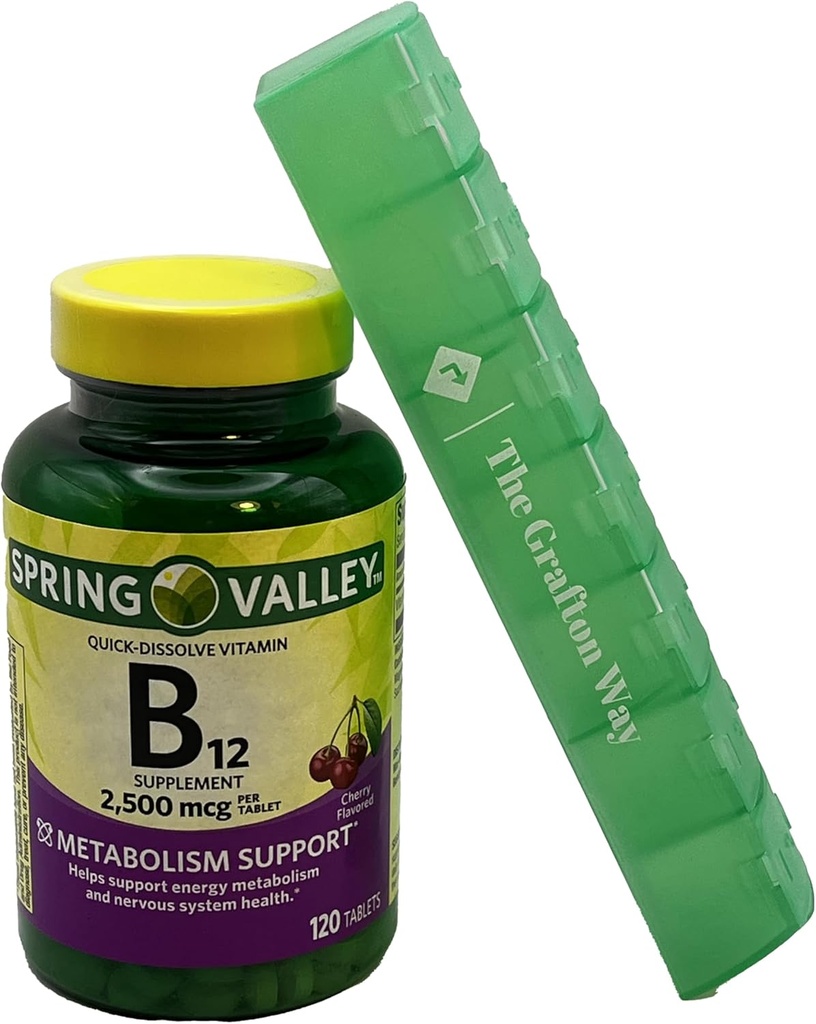Spring Valley Vitamin B12 Quick- Opløs tabletter Kosttilskud, 2.500 Mcg, Cherry Flavor, 120 Greve med Complimentary Grafton Way Pill Organizer
