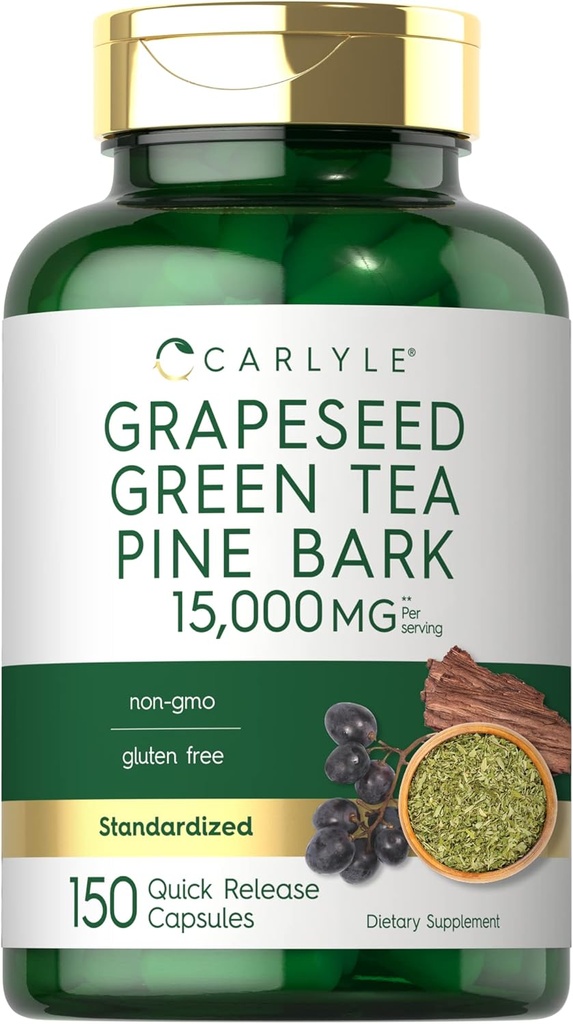 Carlyle Grapeseed, Green Tea, Pine Bark | 15,000mg | 150 Capsules | Non-GMO and Gluten Free Supplement