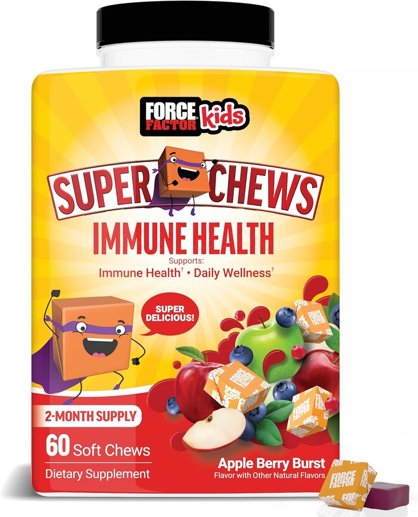 FORCE FACTOR Kids immunsundhed Super Chews, Kids Immunsupport Supplement med D-vitamin til børn, Elderberry, C-vitamin, & Zink, 2-måned Supply, non-GMO, Apple Berry Flavor, 60 Soft Chews