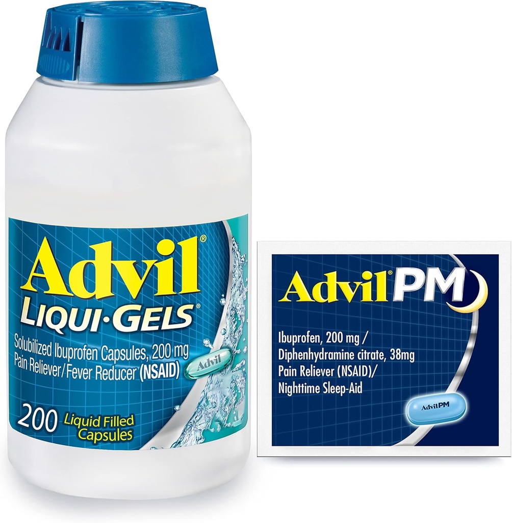 Advil Liqui- Gels Pain Reliever og Fever Reducer, Smertemedicin for voksne med Ibuprofen 200 mg for hovedpine, Backache, menstruationssmerter og fælles smertelindring - 200 kapsler, Advil PM Ibuprofen - 2 Ct