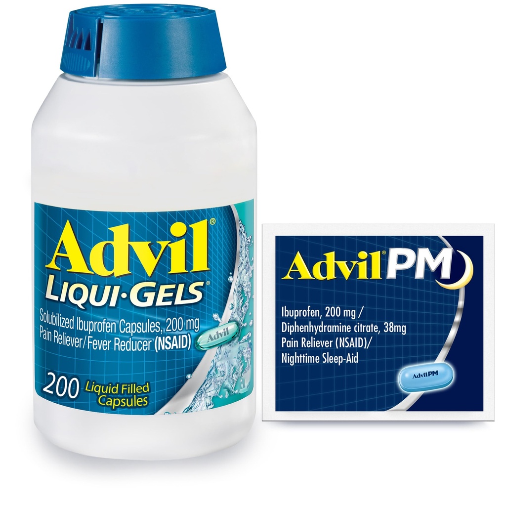Advil Liqui- Gels Pain Reliever og Fever Reducer, Smertemedicin for voksne med Ibuprofen 200 mg for hovedpine, Backache, menstruationssmerter og fælles smertelindring - 200 kapsler, Advil PM Ibuprofen - 2 Ct