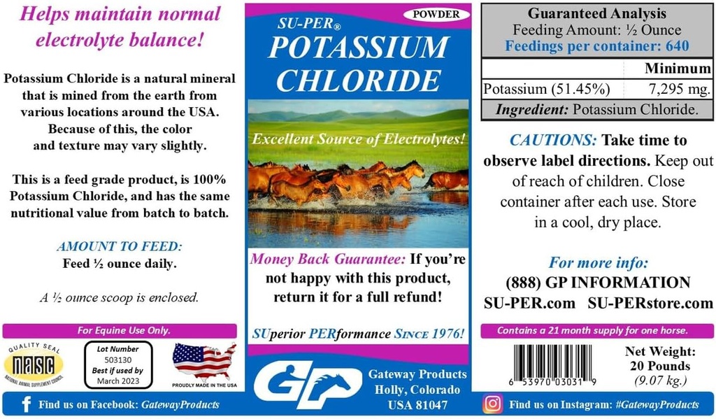 SU- PER Kaliumchlorid Horse Electrolyte Supplement - Hjælper med at opretholde normal elektrolytbalance - 20 Pund, 21 Måned Supply