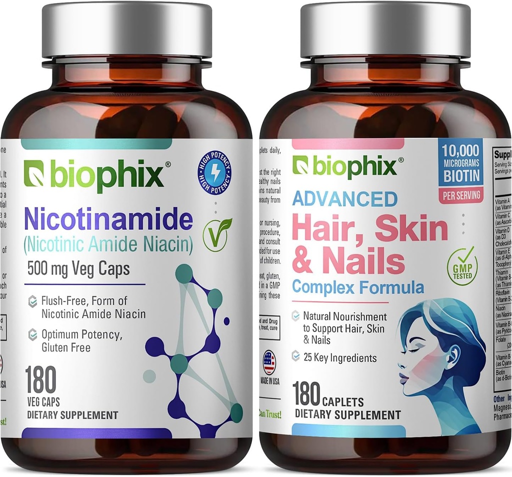 B-3 Nicotinamid 500 mg 180 Vhætter - Hår hud og negle 180 Caplets 10000 mcg biotin - Nicotinsyre Niacin Natural Flush- Free Vitamin Formel - Understøtter hud celle sundhed