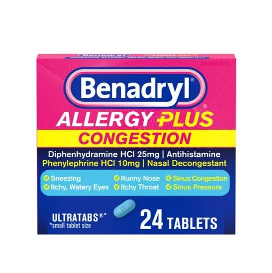 Benadryl Allergy Plus Congestion Ultratabs, Medicin med Diphenhydramin HCl Antihistamin & Phenylephrin HCl Nasal Decongestant, Allergi & Sinus Congestion Relief Tablets, 24 læ