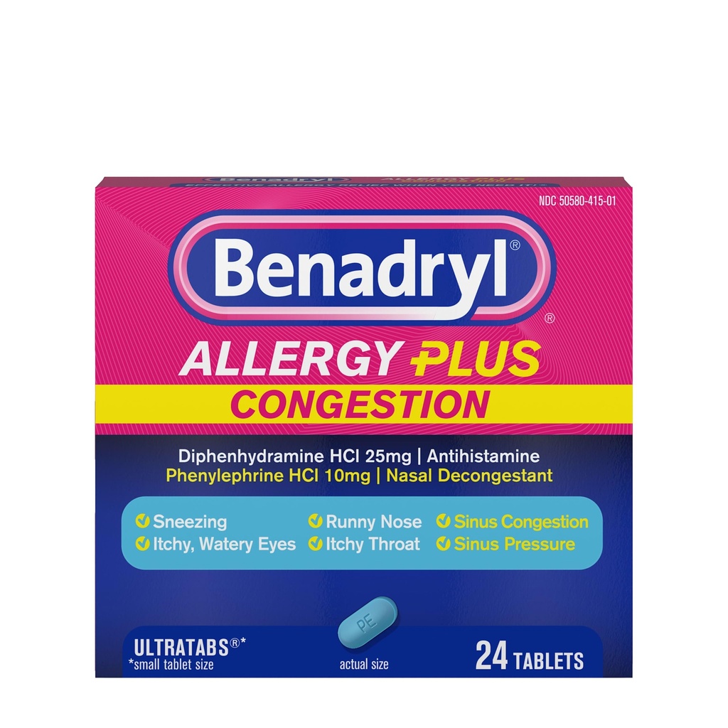 Benadryl Allergy Plus Congestion Ultratabs, Medicin med Diphenhydramin HCl Antihistamin & Phenylephrin HCl Nasal Decongestant, Allergi & Sinus Congestion Relief Tablets, 24 læ