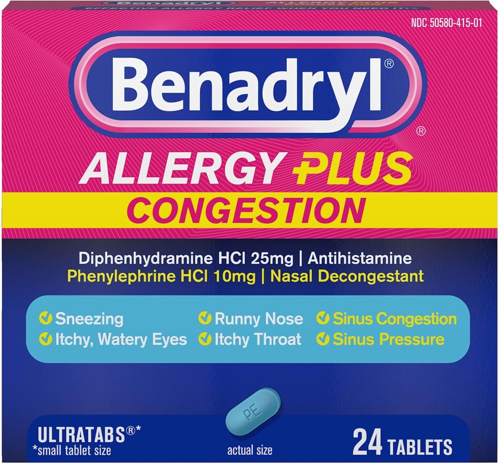 Benadryl Allergy Plus Congestion Ultratabs, Medicin med Diphenhydramin HCl Antihistamin & Phenylephrin HCl Nasal Decongestant, Allergi & Sinus Congestion Relief Tablets, 24 læ