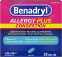 Benadryl Allergy Plus Congestion Ultratabs, Medicin med Diphenhydramin HCl Antihistamin & Phenylephrin HCl Nasal Decongestant, Allergi & Sinus Congestion Relief Tablets, 24 læ