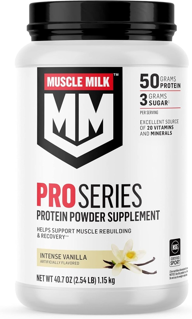 Muscle Milk Pro Series Protein Powder Supplement, Intense Vanilla, 2.54 Pound, 14 Servering, 50g Protein, 3g Sukker, 20 Vitaminer & Min, NSF Certificeret til Sport, Workout Inddrivelse, Packaging May Vary